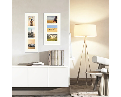 Zwei weiße Fotorahmen für je drei Fotos hängen an einer Wand über einem weißen Schrank.