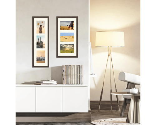 Zwei dreifache Fotorahmen hängen an einer Wand über einem weißen Schrank