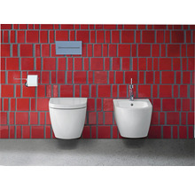 Modernes Badezimmer mit Wand-WC und Bidet vor roter Wandfliese.