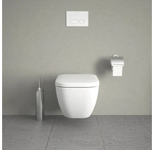 Wandhängendes WC mit Betätigungsplatte, Toilettenpapierhalter und Toilettenbürste