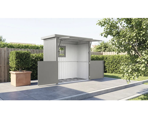 Metall Gerätehaus mit geöffneten Türen und Fenster im Garten