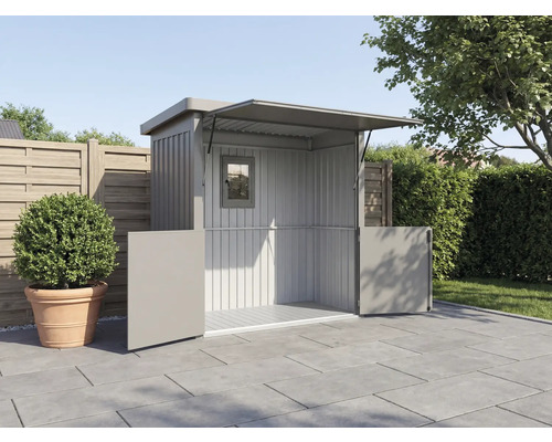 Gartenschrank aus Metall mit Fenster und geöffneten Türen auf einer Terrasse