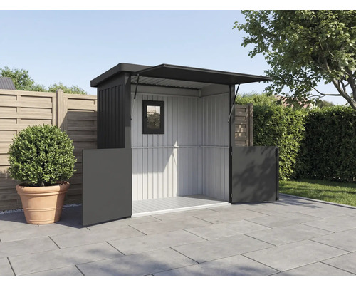 Gartenschrank mit geöffneter Tür und Fenster für den Aussenbereich