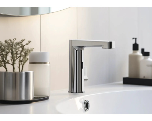 Auf einem Waschbecken befindet sich eine Armatur mit Sensor.