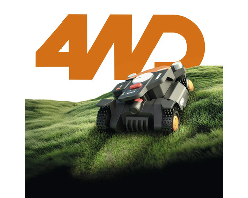 Mähroboter mit Allradantrieb auf einer Rasenfläche