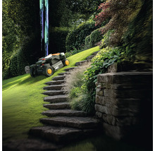 Szene mit einem Rasenmähroboter auf einem grünen Rasen neben einer Steintreppe