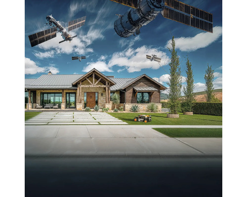 Modernes Haus mit Rasenmähroboter und Satelliten im Himmel
