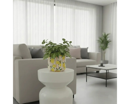 Helle Wohnzimmerszene mit Pflanze in einem Topf mit Zitronenmuster auf einem Beistelltisch