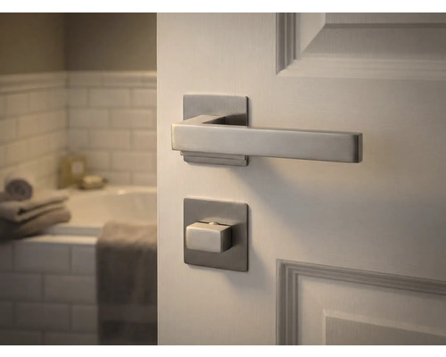 Tür mit modernem Türdrücker und Badezimmer im Hintergrund