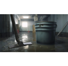 Szene mit Wasserschaden, Eimer und Abzieher auf überflutetem Boden.