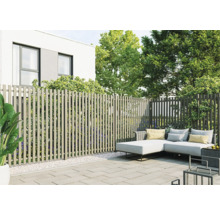 Gartenszene mit Sichtschutzzaun, Lounge-Möbeln und Pflanzen