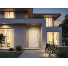 Modernes Haus mit Eingangstür, Fenstern und Aussenbeleuchtung