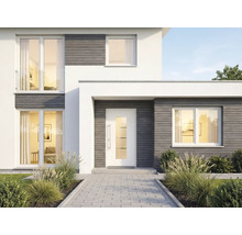 Fassadenansicht eines modernen Hauses mit Eingangstür, Fenstern und gepflastertem Weg