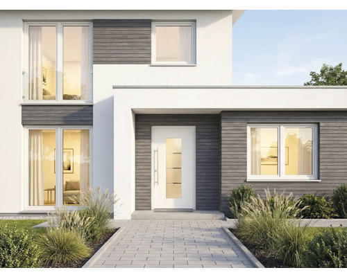 Fassadenansicht eines modernen Hauses mit Eingangstür, Fenstern und gepflastertem Weg