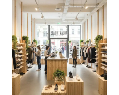 Innenansicht eines Bekleidungsgeschäfts mit Kundschaft und einer Auswahl an Schuhen und Bekleidung