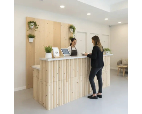 Empfangsbereich mit Holztheke, Pflanzen und zwei Personen.