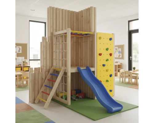 Klettergerüst mit Rutsche, Kletterwand und Kletternetz in einem hellen Raum