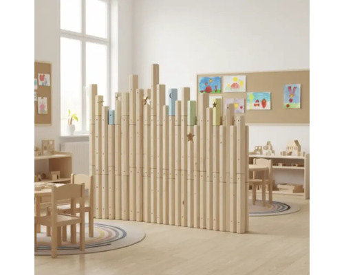 Holztrennwand mit kindgerechten Elementen in einem hellen Raum