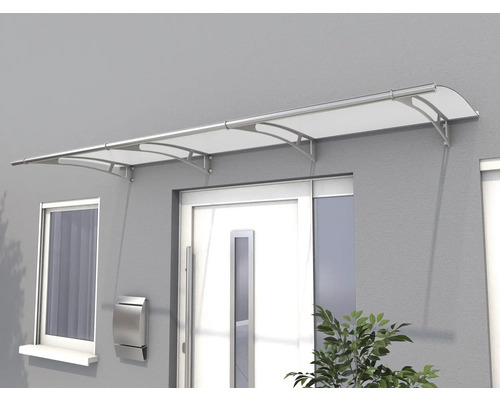 Haustürvordach aus Acrylglas mit Edelstahlhalterungen an einer Hauswand