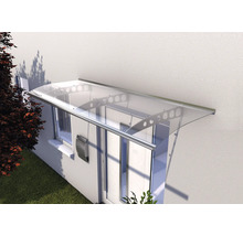 Vordach aus Metall und durchsichtigem Kunststoff über einer Haustür