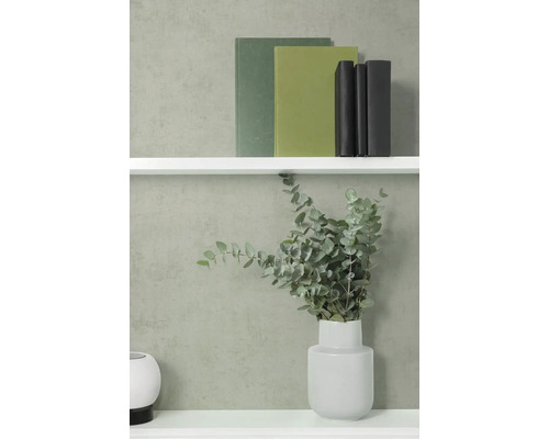 Strukturierte Vliestapete in modern eingerichtetem Raum mit Wandregalen, Büchern und Vase mit Eukalyptuszweigen.