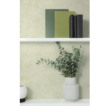 Strukturierte Vliestapete in Putzoptik an einer Wand mit Regal, Büchern und einer Vase mit Eukalyptuszweigen.