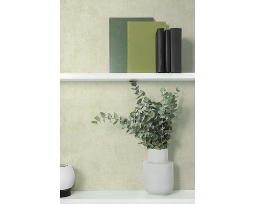 Strukturierte Vliestapete in Putzoptik an einer Wand mit Regal, Büchern und einer Vase mit Eukalyptuszweigen.