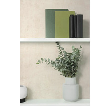 Vliestapete beige, feine Struktur, weißes Wandregal mit Büchern und Eukalyptus in Vase.
