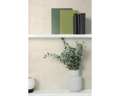 Vliestapete beige, feine Struktur, weißes Wandregal mit Büchern und Eukalyptus in Vase.