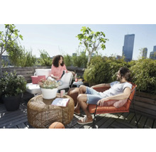 Terrassenszene mit Sitzmöbeln, Tisch, Pflanzen und Personen vor dem Hintergrund einer Stadt