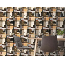 Vliestapete mit architektonischem Muster aus mediterranen Gebäuden und Türmen im modern eingerichteten Esszimmer.