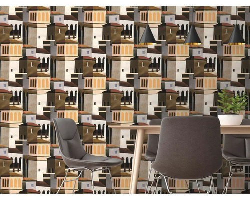 Vliestapete mit architektonischem Muster aus mediterranen Gebäuden und Türmen im modern eingerichteten Esszimmer.