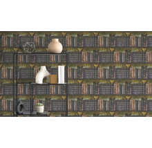 Vliestapete mit Bücherregal-Design und antiken Büchern, davor ein Metallregal mit verschiedenen Dekorationsartikeln.