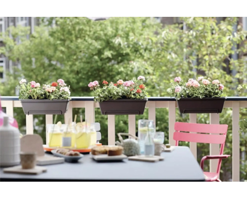 Balkonszene mit Blumenkästen und gedecktem Tisch