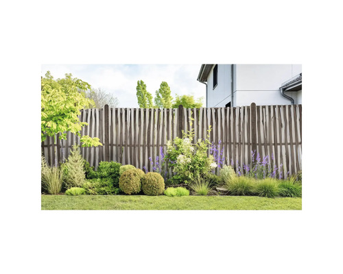 Gartenszene mit Holzzaun und Bepflanzung im Vorgarten