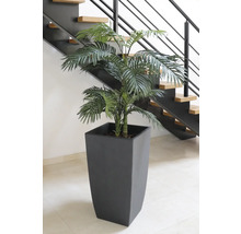 Künstliche Arekapalme in einem quadratischen Pflanzgefäß vor einer Treppe