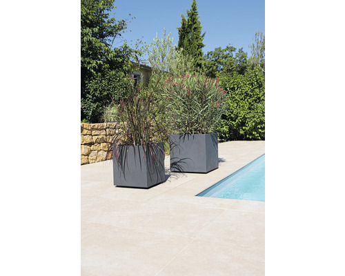 Zwei graue Pflanzkästen mit Bepflanzung neben einem Pool