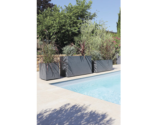 Drei graue Pflanzgefäße unterschiedlicher Größe stehen am Schwimmbeckenrand und sind mit Pflanzen bepflanzt.