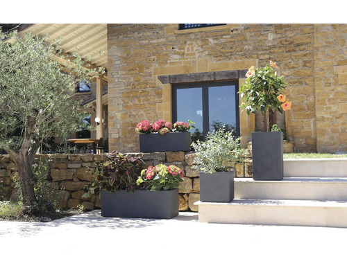 Dekorative Pflanzgefäße aus Steinzeug mit floralen Pflanzen in einem Gartenbereich