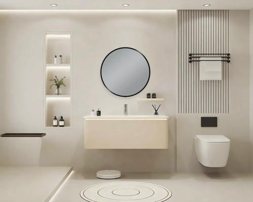 Modernes Badezimmer mit Waschtisch, Spiegel, Toilette und Accessoires