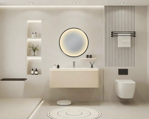 Modernes Badezimmer mit Waschtisch, Spiegel, Toilette und Regalen für Badutensilien.