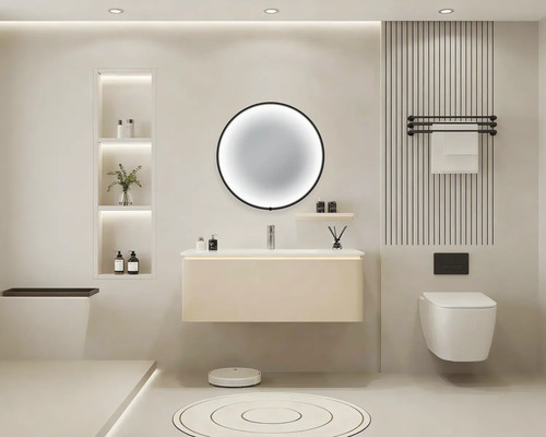 Modernes Badezimmer mit runden Spiegel, Waschtisch, Toilette und Handtuchhalter