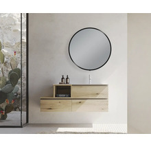 Modernes Badezimmer mit Waschtischunterschrank, rundem Spiegel und dekorativer Glaswand