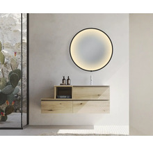 Modernes Badezimmer mit Waschtisch, rundem Spiegel mit Hintergrundbeleuchtung und Glasduschwand.