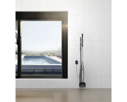 Akkusauger an Ladestation mit Blick auf einen Pool