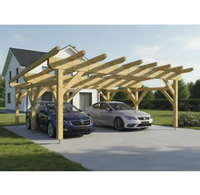 Doppelcarport aus Holz mit zwei geparkten Autos vor einem Haus