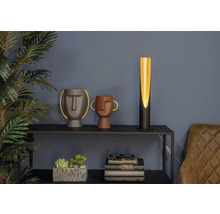 Dekorative Szene mit einer Tischlampe, zwei Vasen mit Gesichtern, Zimmerpflanzen und Büchern auf einem Regal