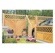 Holzzaun mit Gartentür und PKW-Einfahrt im Garten