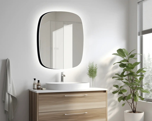 Badezimmer mit Waschtisch, Spiegel mit Beleuchtung und Zimmerpflanze.