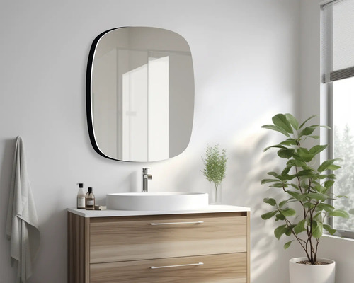 Badezimmer-Szene mit Spiegel, Waschbecken, Waschtisch und Pflanze
